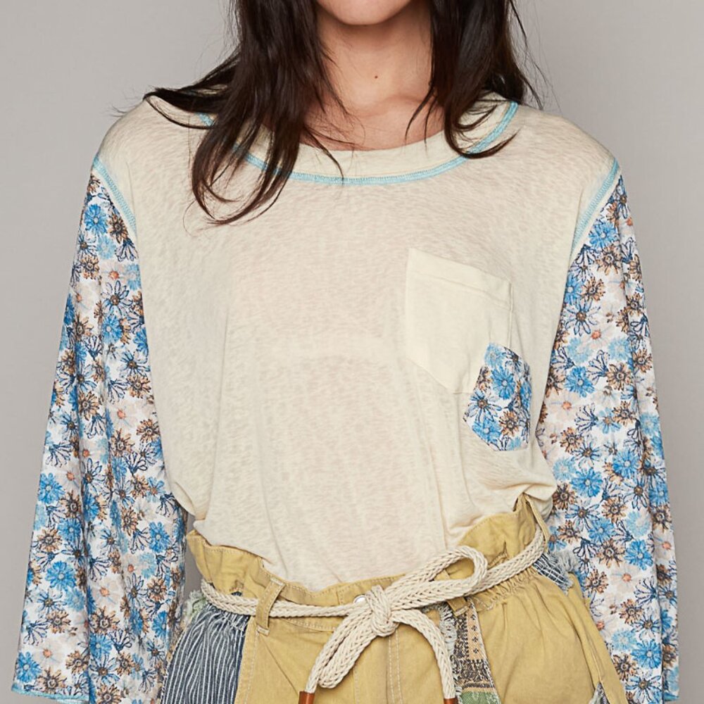 POL Cream and Blue Floral Long Sleeve Tee